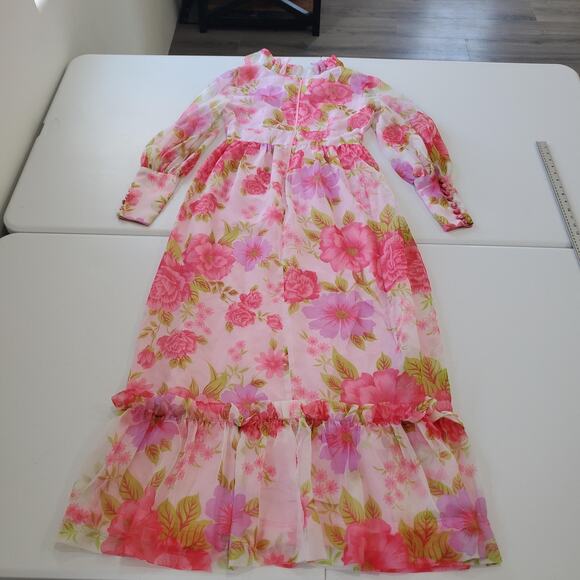 VINTAGE Floral Chiffon Maxi Dress Womens Small Pink Ruffle Neck Puff Sleeve 70s - Picture 3 of 11